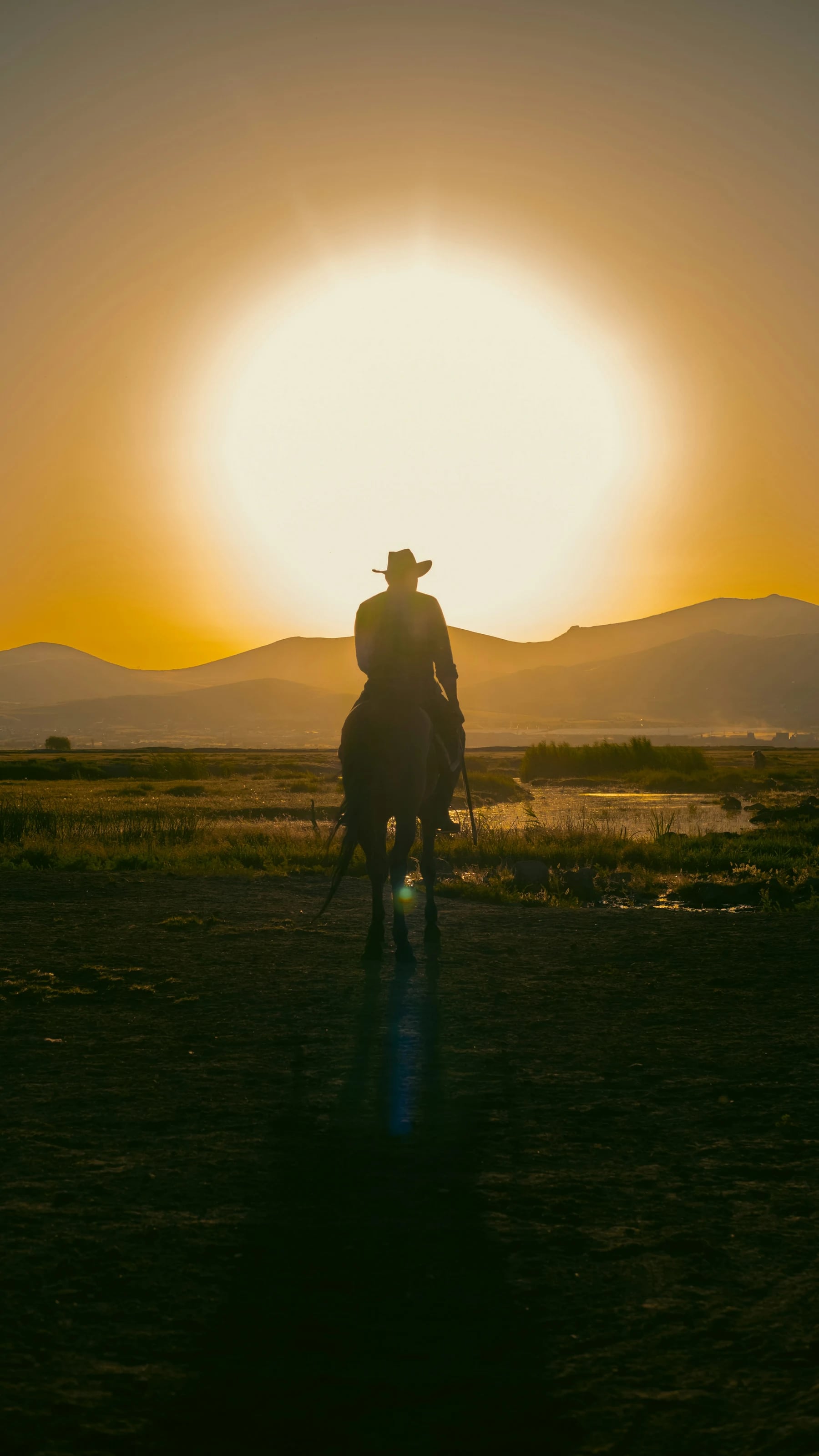 Cowboy riding into a golden western sunset